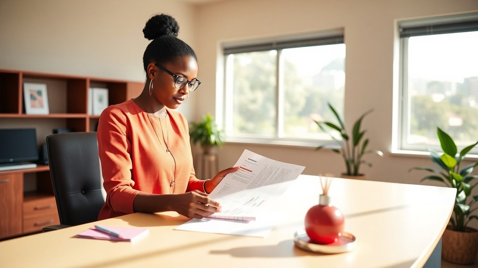 A Ugandan strategy consultant reviewing documents in a Masaka office